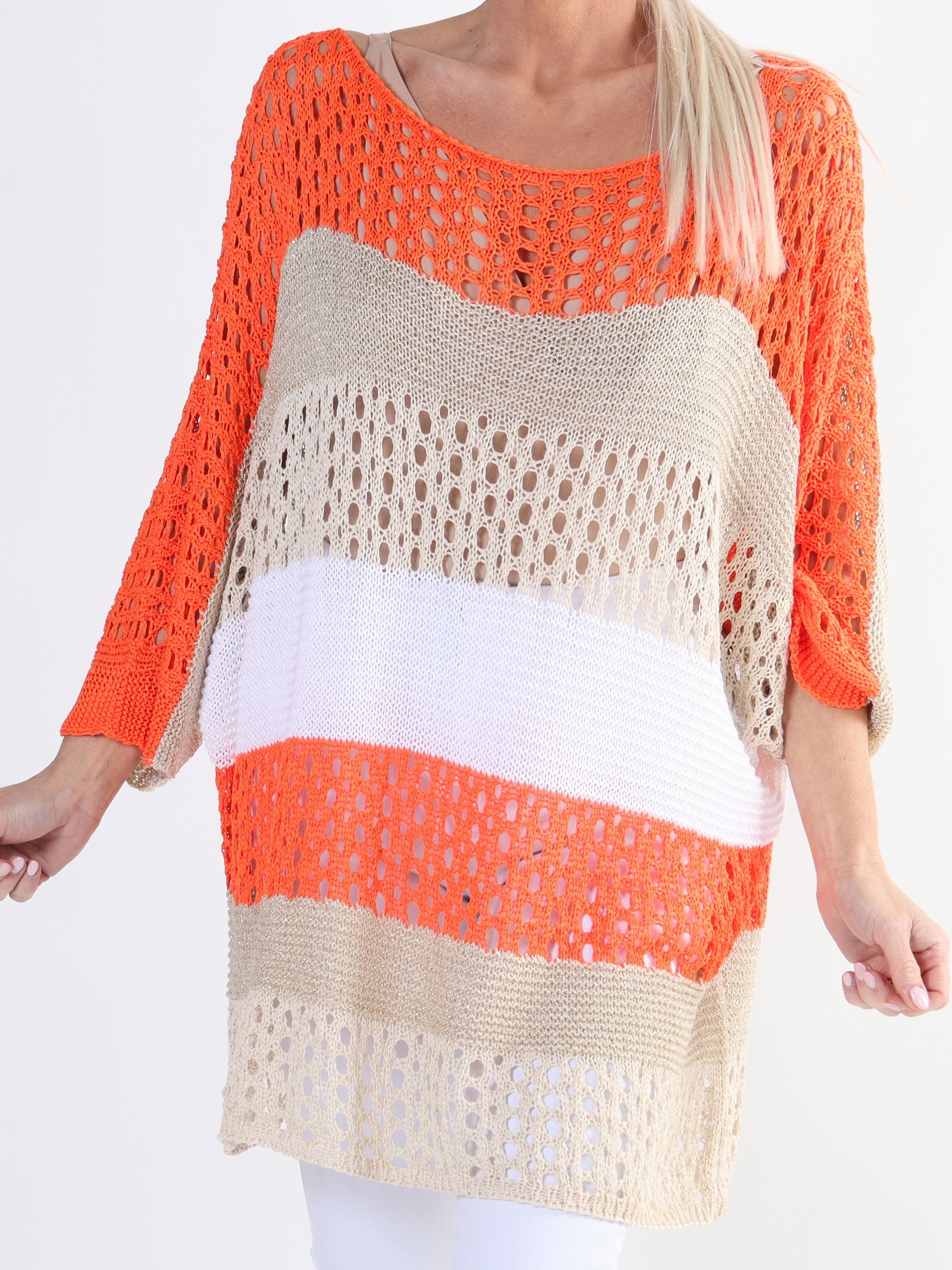 Evelina - Randig plus size-stickning med spetsmönster och glittertrådar